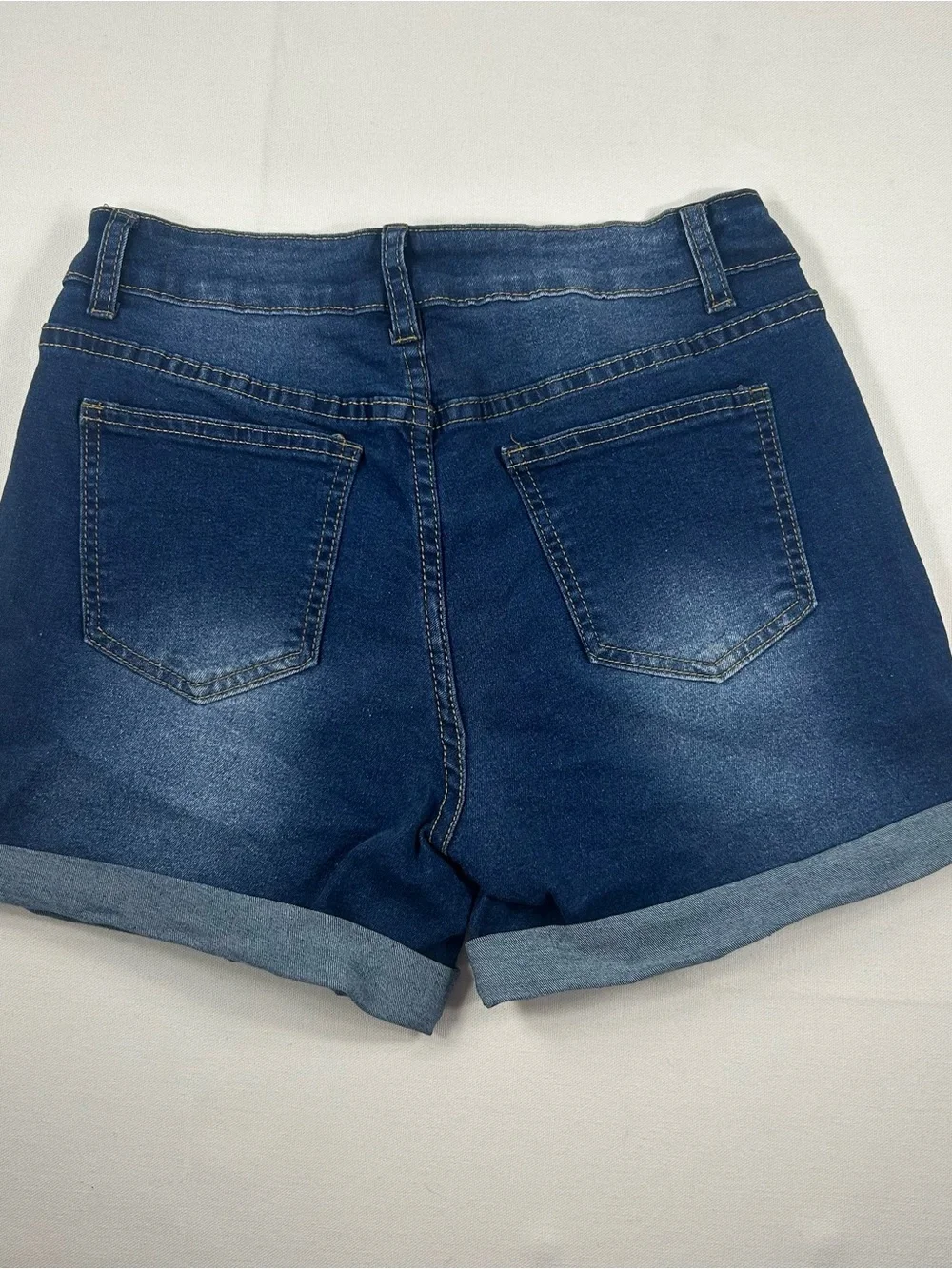 Women's Mid-Rise Dark Blue Denim Roll-Cuff Jean Shorts